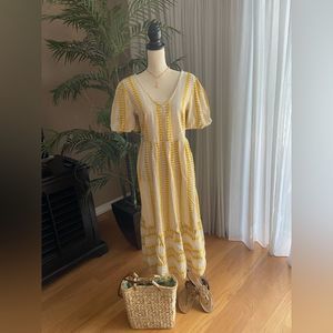 Geometric Embroidered Tie Back Yellow Midi Dress NWOT